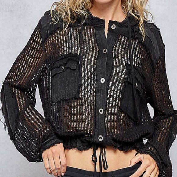 NEW POL MEDIUM Black Crochet See Through Button Down Hoodie Top Shirt - Picture 2 of 5